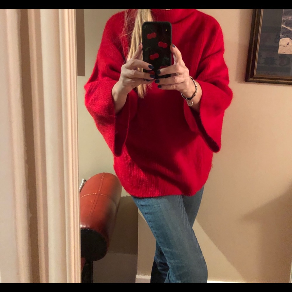 Red wool mohair warm sweater with bell sleeves